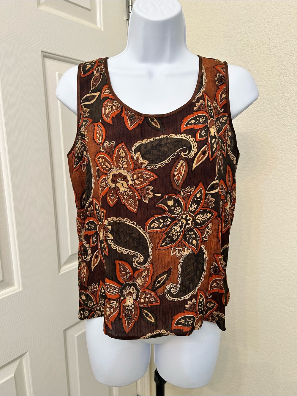 Amanda Smith Brown and Orange Floral Paisley 100% Silk Tank